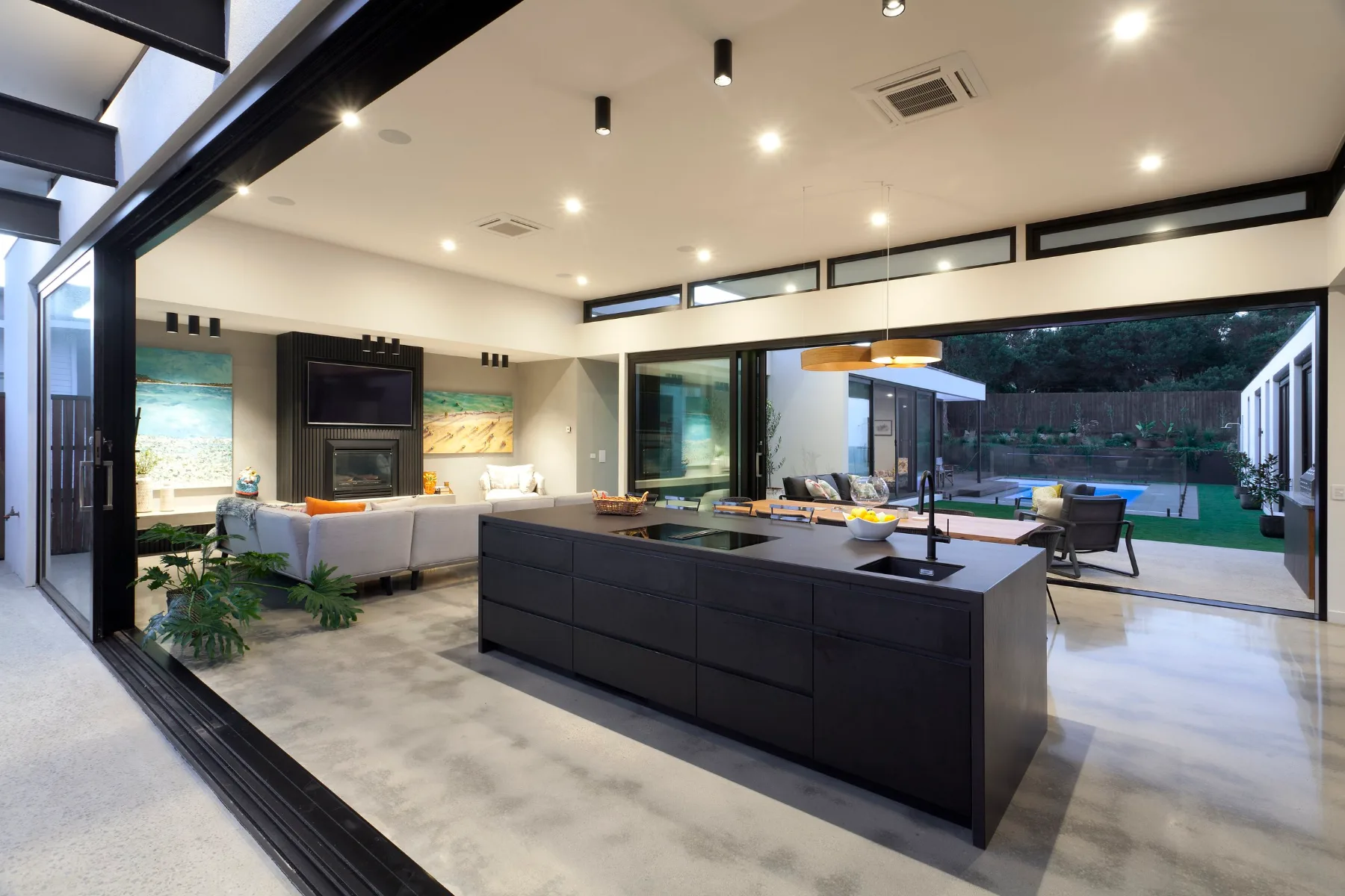 Canterbury, Mount Martha. Kitchen and dining along the glazed wall.