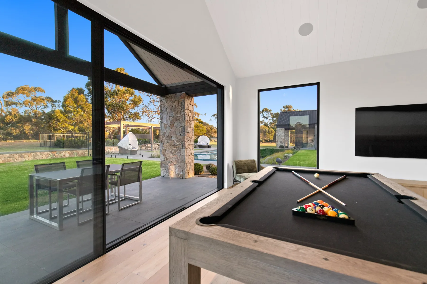 Casalinga Estate, Dromana. Games room with the pool table and screen.
