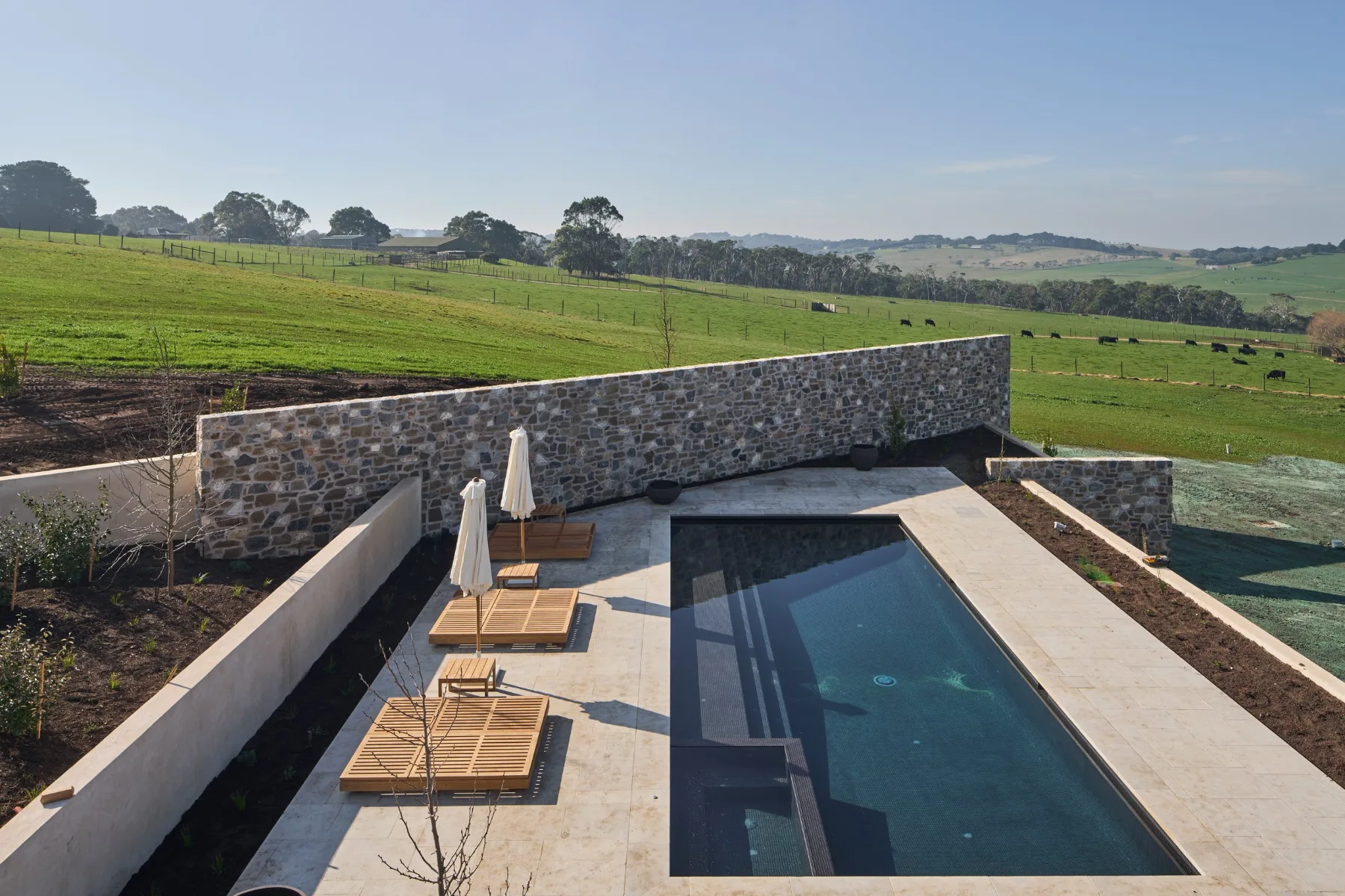 Conargo Estate, Flinders. Pool looking out over the paddocks.