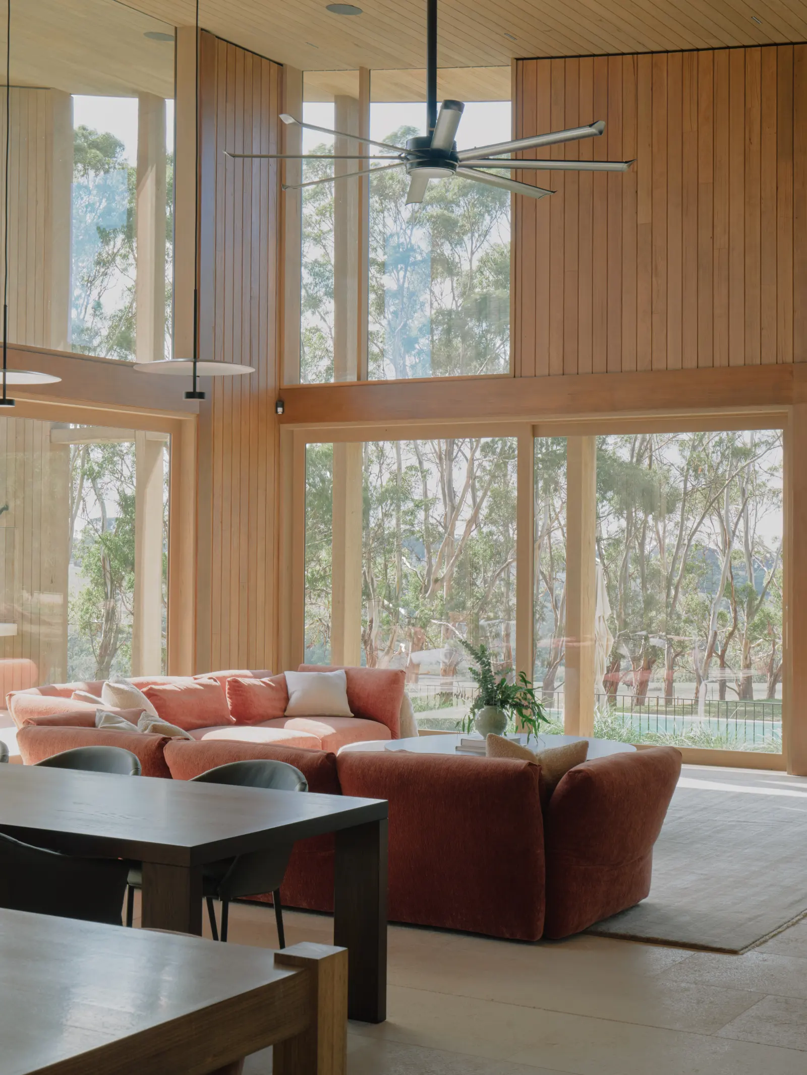 The Farm, Shoreham. Living room under the timber frame.